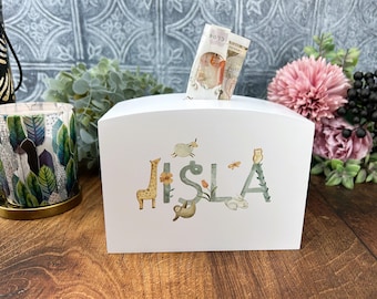 Watercolour Animal Theme Wooden Money Box - Colourful - Personalised - Children's Saving - New Baby / Children's Gift
