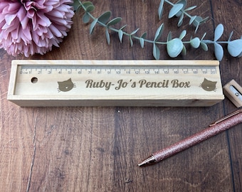 Cat Design Pencil Box Ruler Sliding Lid Personalised Stationary Gift School