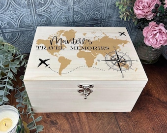 Travel Memory Box - Personalised - Mementos - World Map - Compass - Vintage - Memories Gift - Gap Year - Graduation Gift - Wanderlust