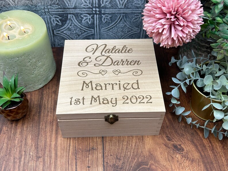 Married Wedding Box Personalised Memory Gift Box Heart Design Engagement image 1
