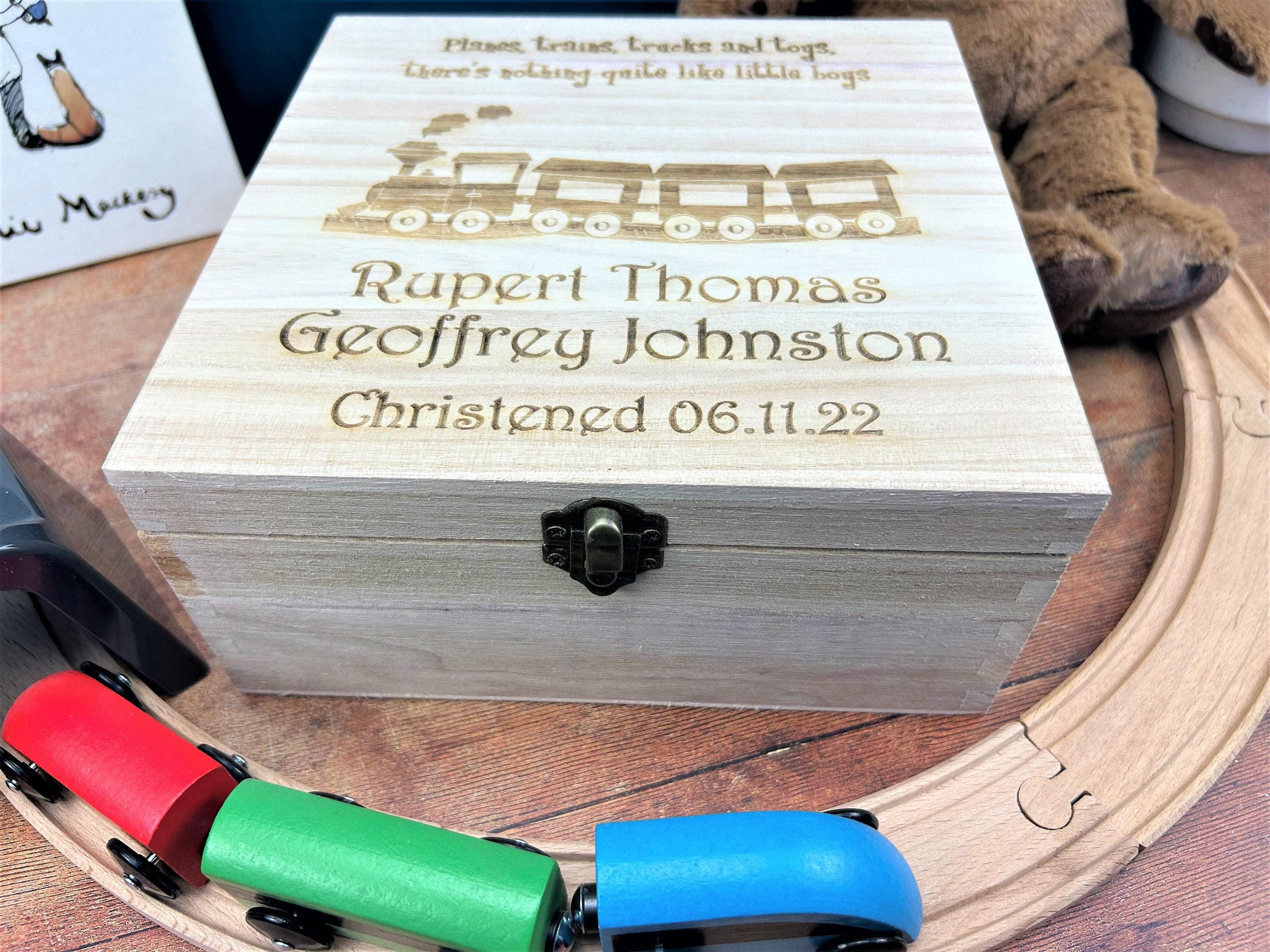 Train Design Christening Box - New Baby Boy Memory Box - Personalised ...