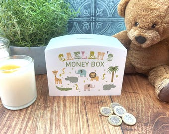Jungle Animals Colourful Personalised Children's Money Box Saving Gift