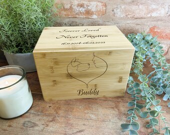 Personalised Bamboo Ashes Urn Casket Remembrance For Pet,Engraved With Beautiful Line Art & Dogs Name . Beautiful Memorial For Pet Loss <3