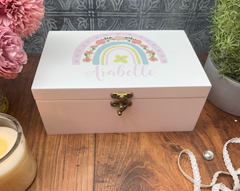 Watercolour Rainbow Name Personalised Jewellery Box Gift Girls Birthday Trinkets