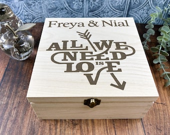 All We Need Is Love Personalised Wooden Memory Box - Valentine's Day - Couples Gift - Wedding - Anniversary