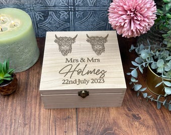 Highland Cow Mrs & Mrs Lesbian LGBT Couple Wedding Memory Box Personalised Couples Gift