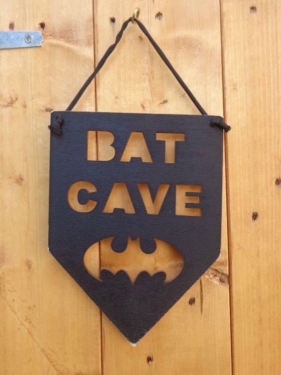 Hand Crafted Cut Out Wooden Bat Cave Sign Black Batman Etsy