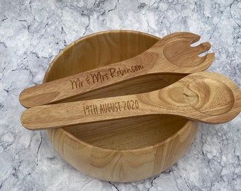 Wedding Gift Salad Servers - Personalised Name and Date - Wooden Bowl