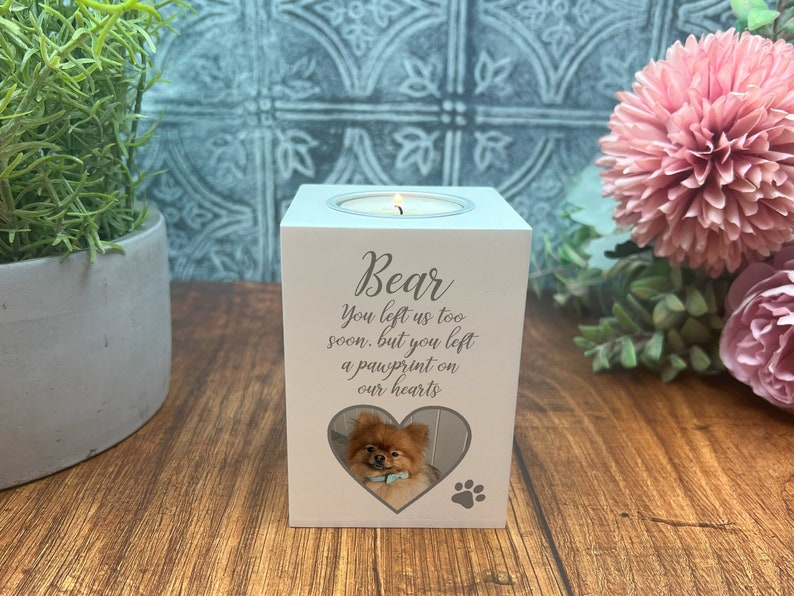 Paw Print on our Hearts Pet Memorial Candle Holder Personalised Picture and Name image 1