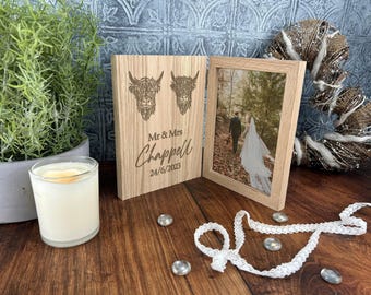 Mr & Mrs Highland Cow Design Personalised Gift Photo Frame Wedding - Anniversary - Engagement - Valentines -  Friend - Happy Couple - Oak.