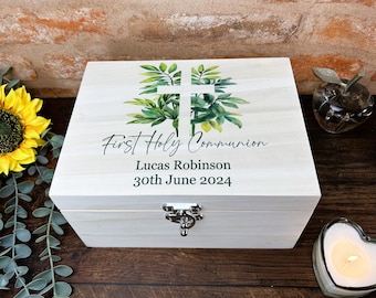 First Holy Communion Personalised Luxury Wooden Memory Keepsake Box - Cross & Foliage Design - Celebratory Gift - Birthday Christmas