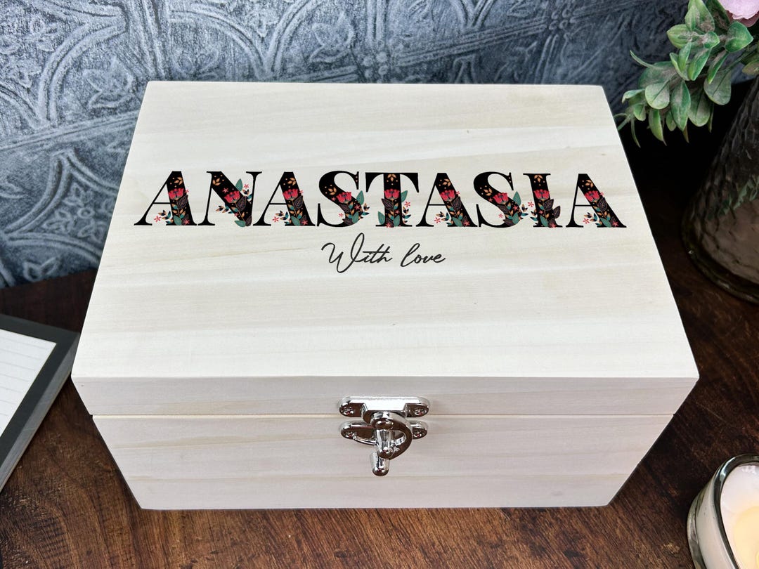 Black Floral Letters Personalised Wooden Memory Storage Box Luxury ...