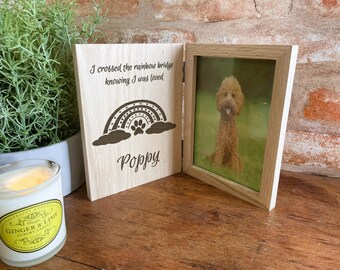 Personalised Rainbow Bridge Dog, Cat, Memorial Keepsake, Natural Oak Book Style Photo Frame For Remembrance . Beautiful Gift For Pet Loss <3
