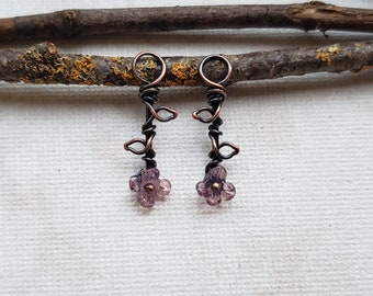 Flowers for earrings - Copper and glass flower components - purple flowers for earrings - rustic copper flowers for earrings - wire flowers