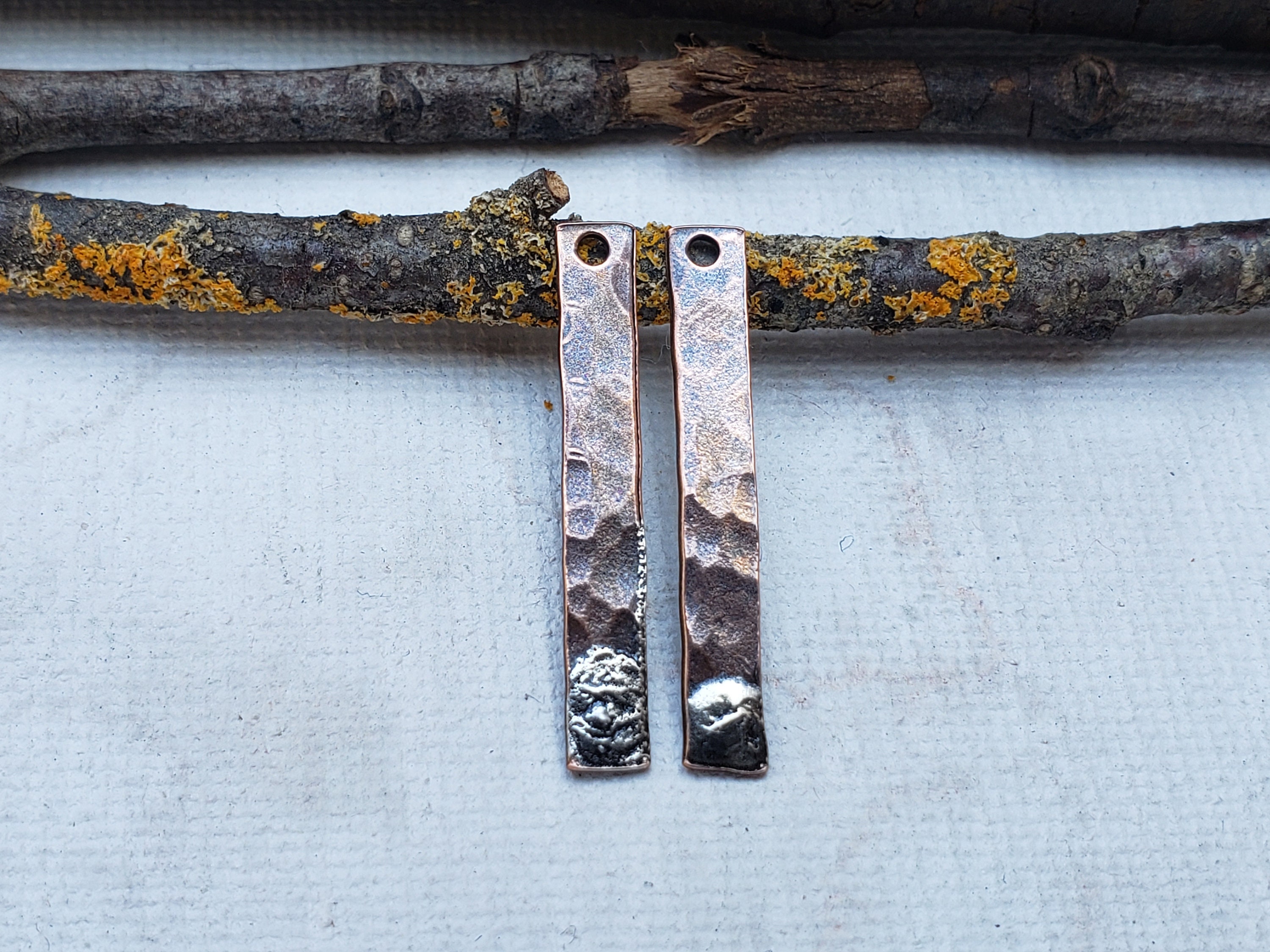 Hammered copper and sterling silver charms for earrings - long hammered copper and sterling silver rectangles/strips for earrings