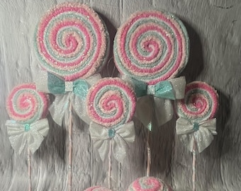 Candy theme set (7) Faux lollipop wreath attachments, tree ornaments faux candy, candy land, party decor ornaments, candy land