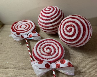 Faux lollipop set (4) wreath attachments, faux candy, candy land Christmas candy, embellishment Christmas decor,ornaments
