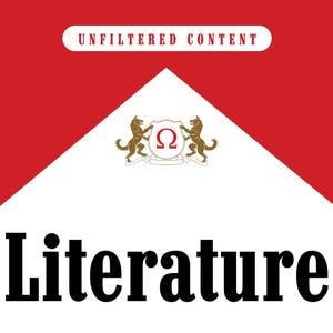 May include: A red and white graphic with the text "UNFILTERED CONTENT" and "Literature" in bold black font. The graphic also features a crest with two wolves and the Greek letter omega.