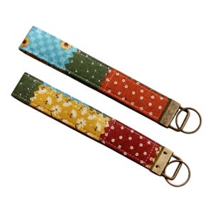 Fall Patchwork Fabric Key Fob Wristlet: Country Style Antique Bronze