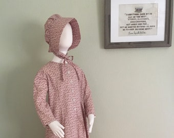 Girls Pioneer Dress with Bonnet: Little House on the Prairie Style (Size 3/4)