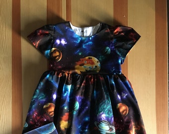 Girls Space Dress: Handmade Celestial Planets Cotton Summer Dress
