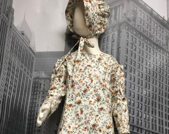 Girls Pioneer Dress Set: Floral Prairie Dress, Bonnet & Apron