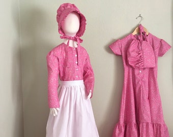 Custom Pink Floral Size's 3T-16 Little House on the Prairie Laura Dress w/ a Choice of Short or Long Sleeves and Matching Bonnets and Apron