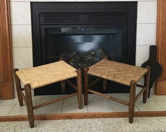 Custom Woven Provincial Stools Large English Footstool Furniture Dark Finish with Sealed Vintage Looking Pioneer Stool Childs Bench