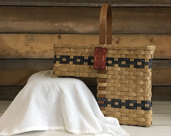 Handmade Stair Basket: Oak & Navy Blue Woven Storage Tote