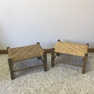 Dark Walnut Stained Foot Stool: Woven Top, Handmade USA