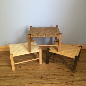 Custom Woven Foot Stool With Beautiful Stained Wood Sealed Reeds Childs Bench Natural Woven Footstools Pre Assembled Etsy