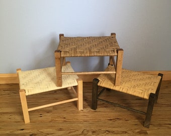 Custom Woven Foot Stool with Beautiful Stained Wood Sealed Reeds Childs Bench Natural Woven Footstools Handmade