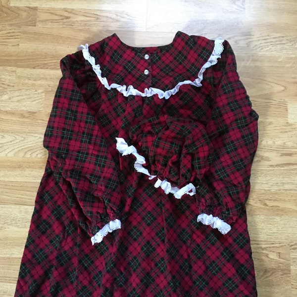 Girls Plaid Flannel Gown Custom w/Optional Matching Night Cap Little House The Prairie Anne Green Gables Soft Laura's Night Gown Dress Up