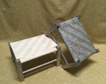 Woven Classic Gray Foot Stool with Beautiful Stained Wood Sealed Reeds Childs Bench Natural Woven Footstools Handmade Stool