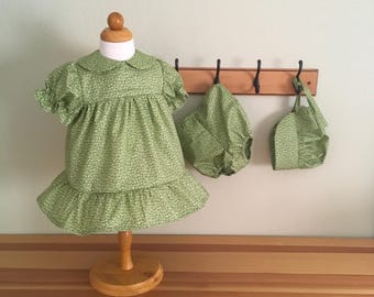 Handgemachte Baby Kleid: Grace Pearl Ingalls Style, Mütze & Pumphose Set