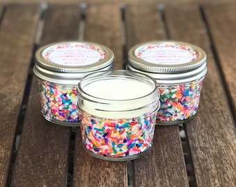 Baby Sprinkle Shower Candle Favors, Rainbow Sprinkle Cake Scented Soy Wax Candles with Personalized Label in 4oz Mini Mason Jar