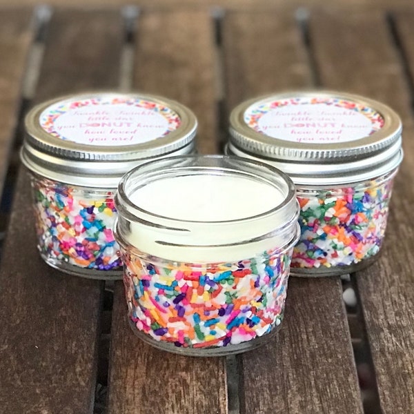 Baby Sprinkle Shower Candle Favors, Rainbow Sprinkle Cake Scented Soy Wax Candles with Personalized Label in 4oz Mini Mason Jar