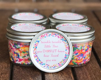 Candle Favors with Rainbow Sprinkles for Donut Party, Baby Sprinkle Shower, Bridal Shower. Birthday Cake Scented Candle in Mini Mason Jar.