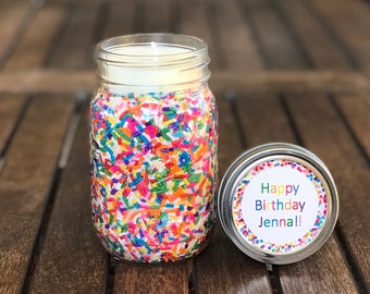 16 oz Birthday Cake Scented Candle, Rainbow Sprinkle Candles, Birthday Candle Gifts, Soy Wax Mason Jar Candles