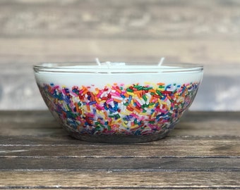 Birthday Cake Scented Soy Wax Candle with Bright Funfetti Rainbow Sprinkles and 3 Wicks in Glass Bowl