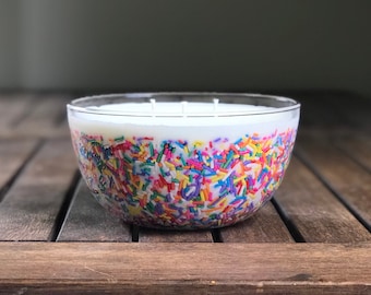 Rainbow Sprinkle Candle in Large Glass Bowl with 3 wicks, Birthday Cake Scented Candle, Large Soy Wax Candle