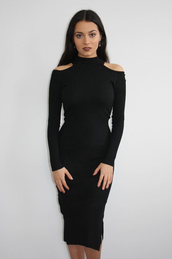 black cold shoulder midi dress
