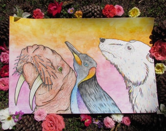 May include: A watercolour painting depicting a walrus, penguin and polar bear. The walrus is brown with large tusks, the penguin is black and white with a blue and purple chest, and the polar bear is white with black eyes and nose. The background is a gradient of yellow, orange, pink and purple.
