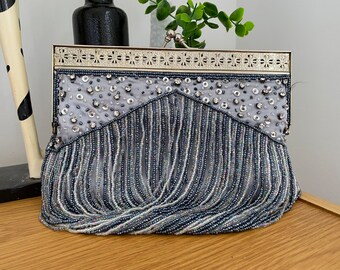 Silver and Blue Beaded Hand Bag/Clutch.... Kiss Lock..