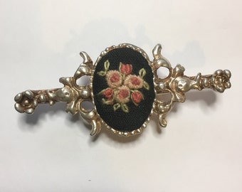 Vintage Embroidered Silver Tone Brooch
