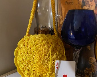 Vintage Yellow Crochet Drawstring Hand Bag....