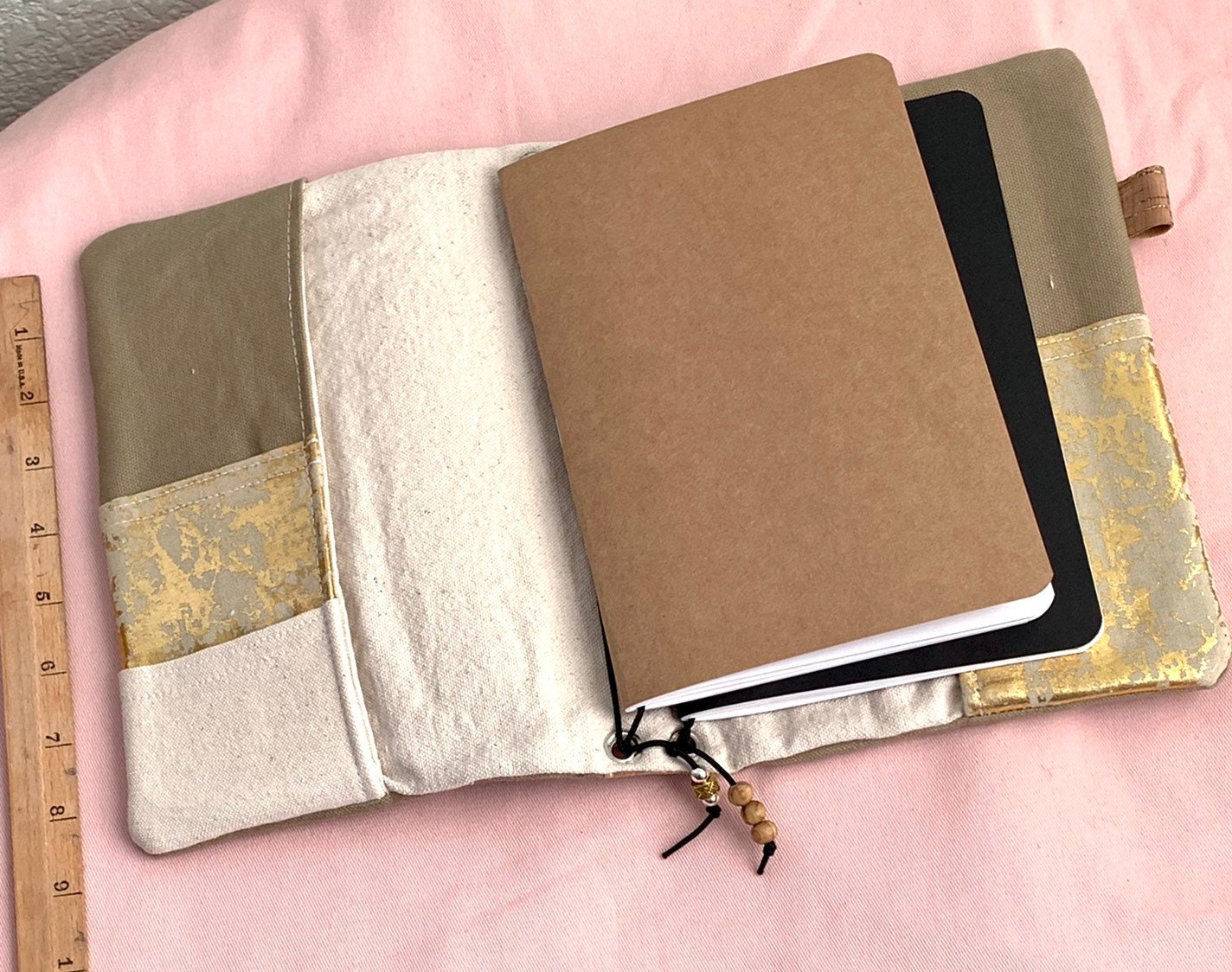 Refillable A5 cork notebook, neutral cotton canvas with vinyl mandala accent, designed inhouse
