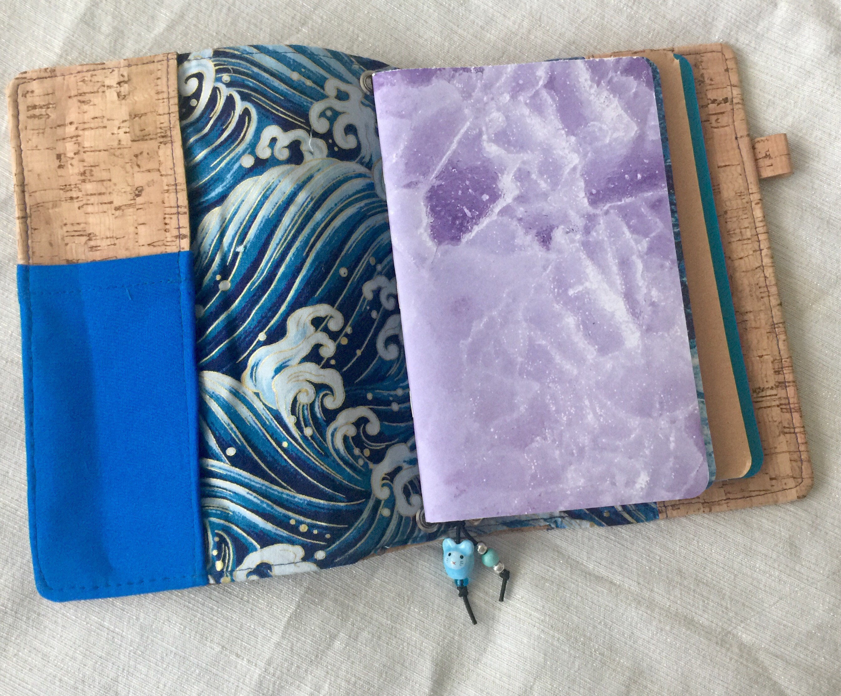 Refillable A5 cork notebook, natural color with a whimsical wave fabric