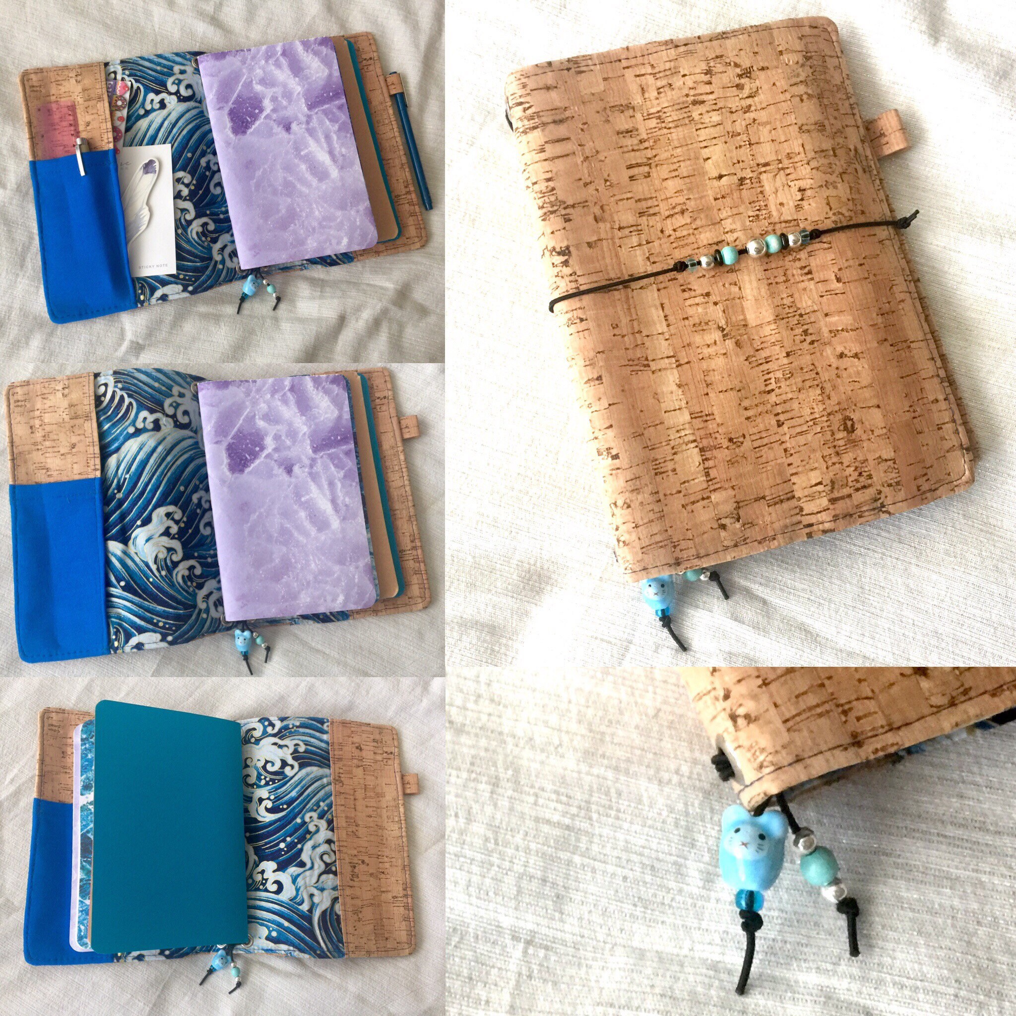 Refillable A5 cork notebook, natural color with a whimsical wave fabric