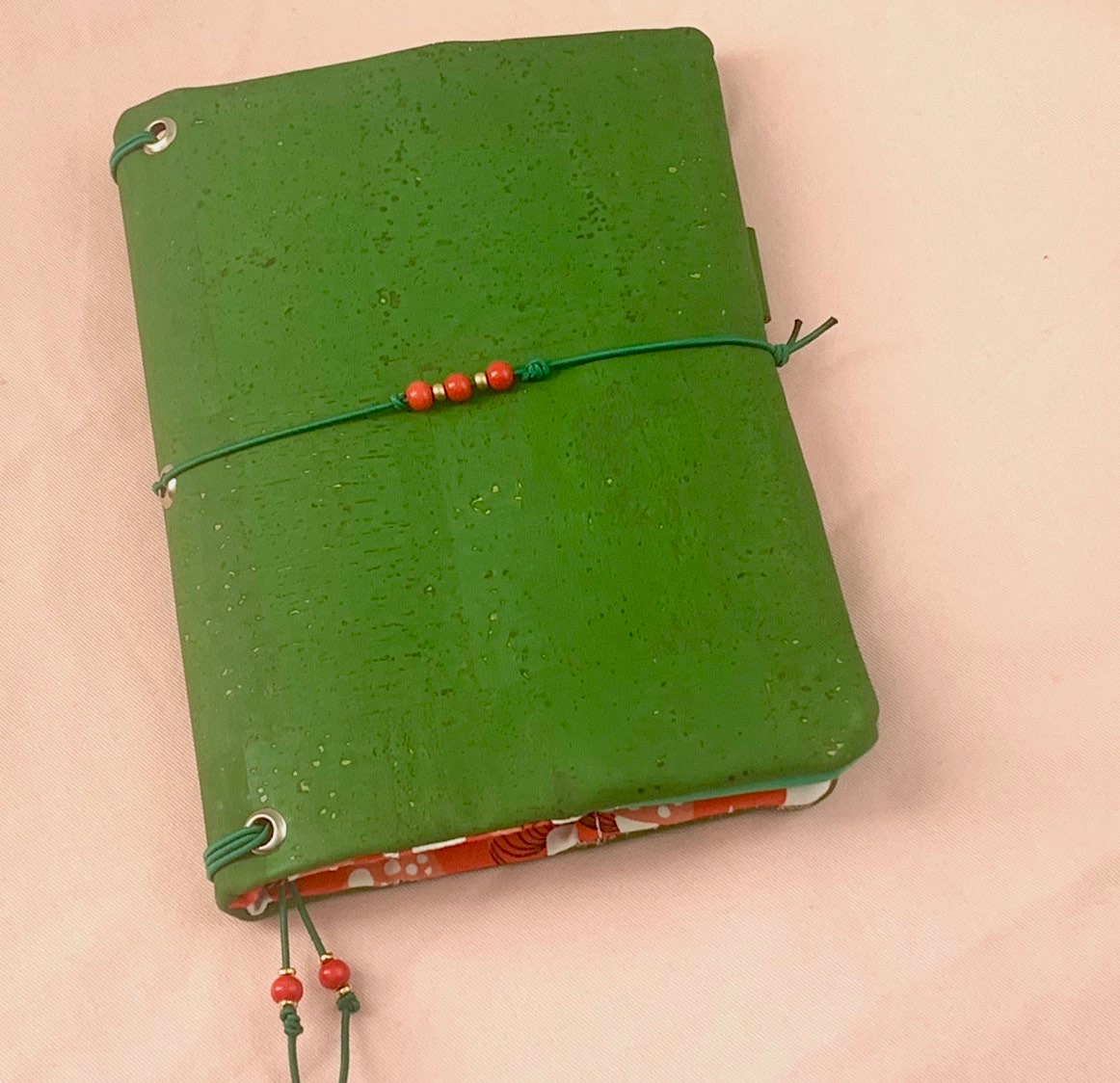 Refillable A5 cork notebook, vibrant green cork with whimsical red